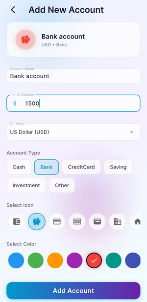 Monisy - Multiple account types with custom icons and colors