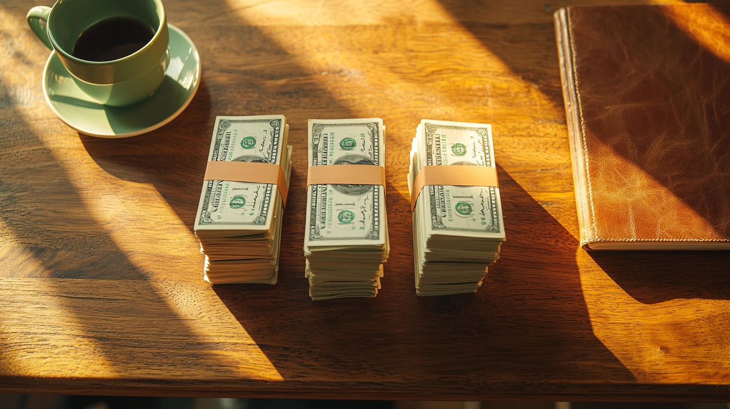 Tres pilas de billetes de dólar sobre un escritorio de madera representando la división del presupuesto