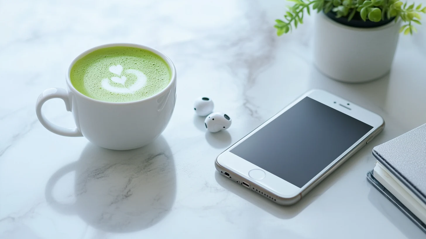 Escritorio moderno y minimalista con teléfono, audífonos, suculenta y matcha latte