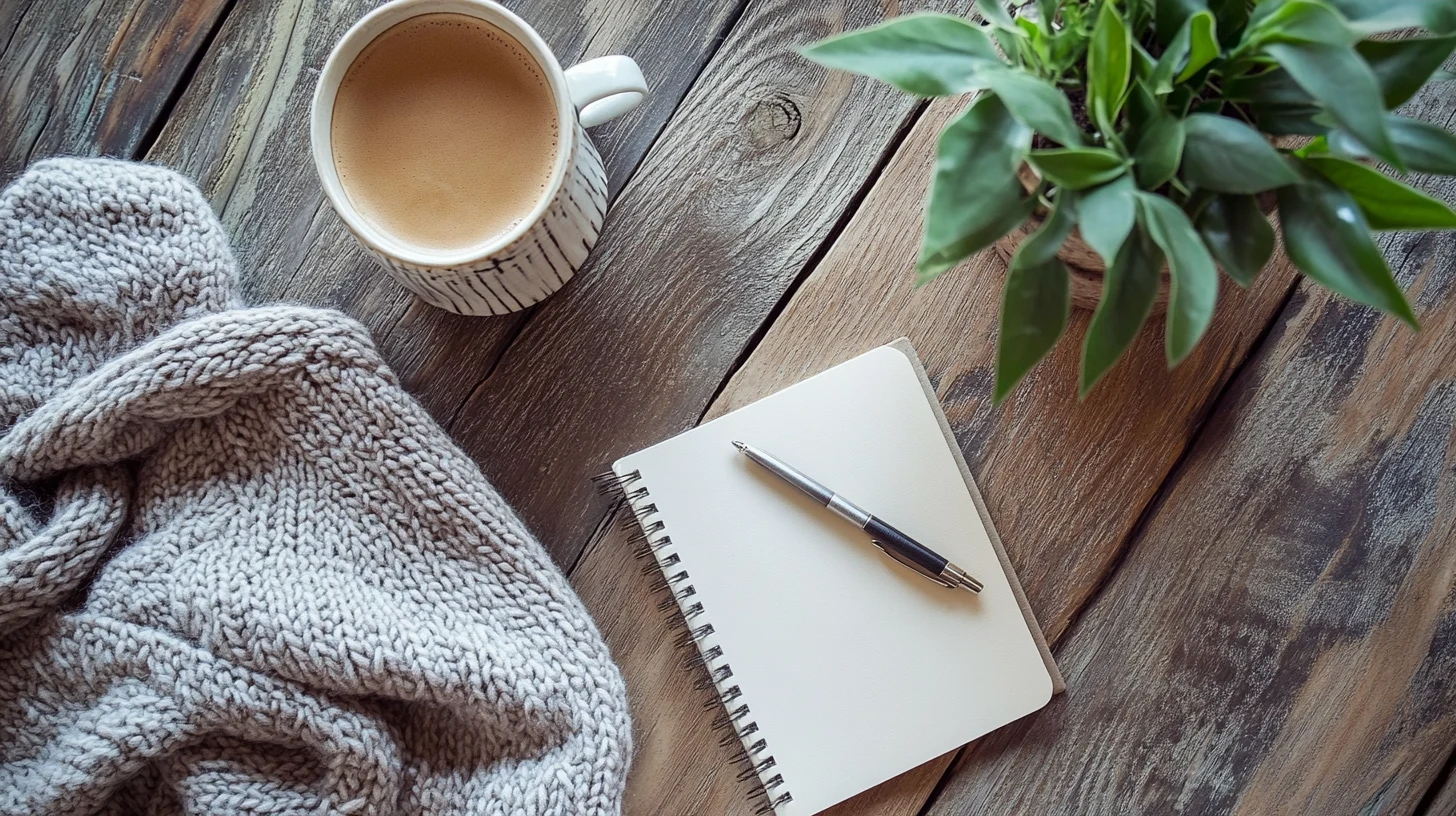 Vista cenital de cuaderno, pluma, café, planta y cárdigan acogedor sobre madera cálida