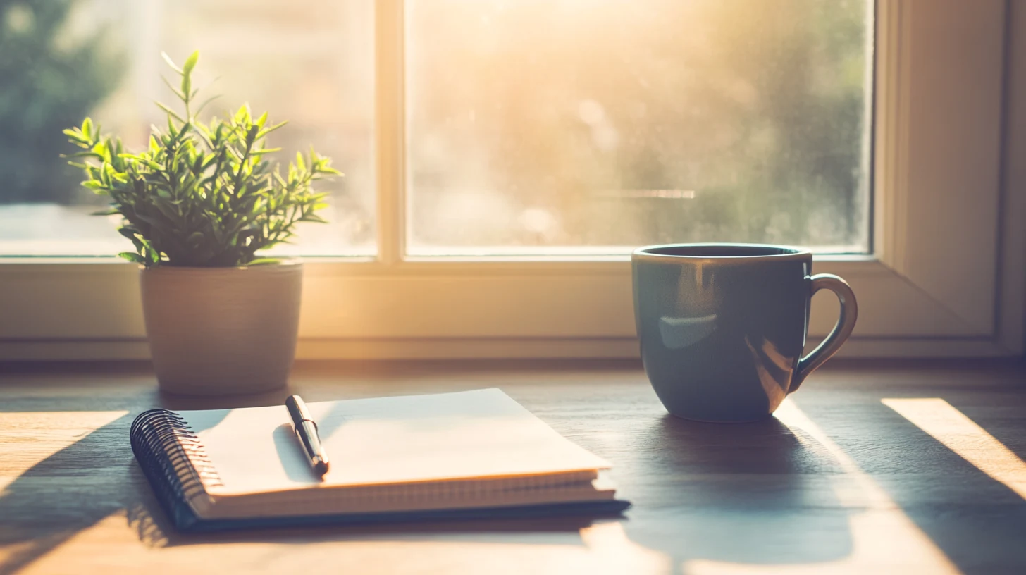Escritorio de madera iluminado con agenda, pluma, taza de café y planta en maceta