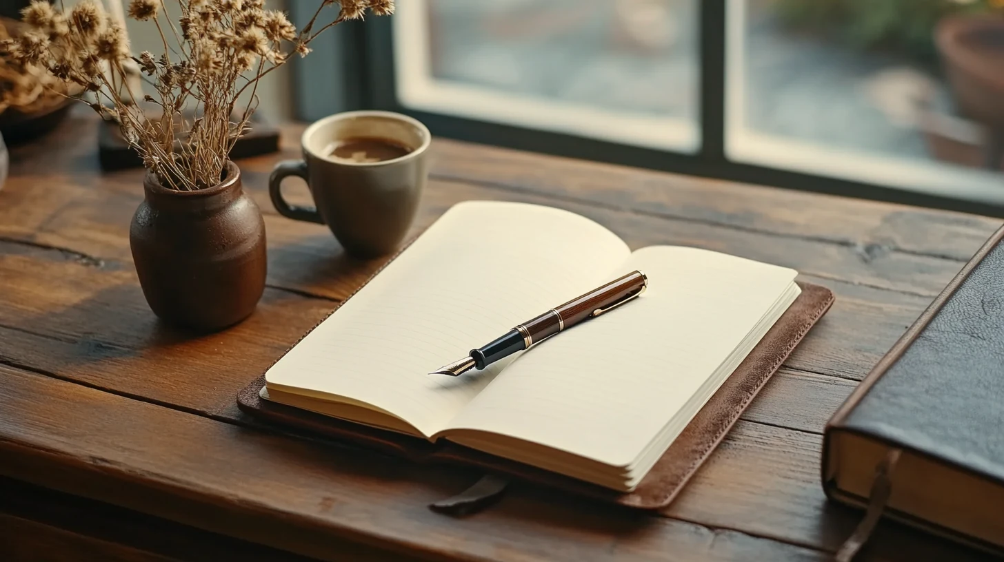 Cuaderno de cuero abierto sobre un escritorio de madera con pluma estilográfica y espresso