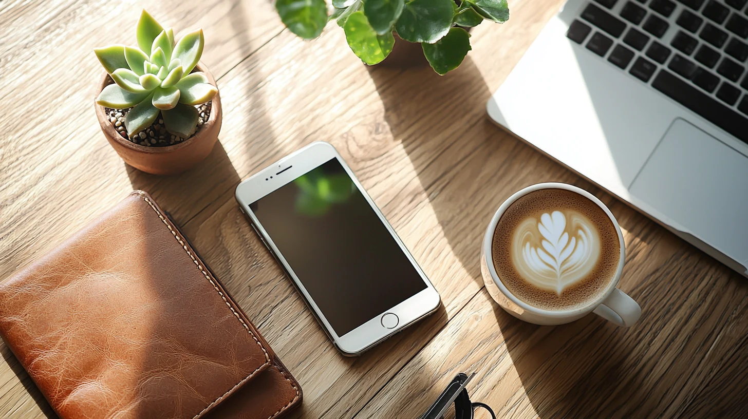 Escena minimalista de escritorio con billetera, taza de café y una suculenta