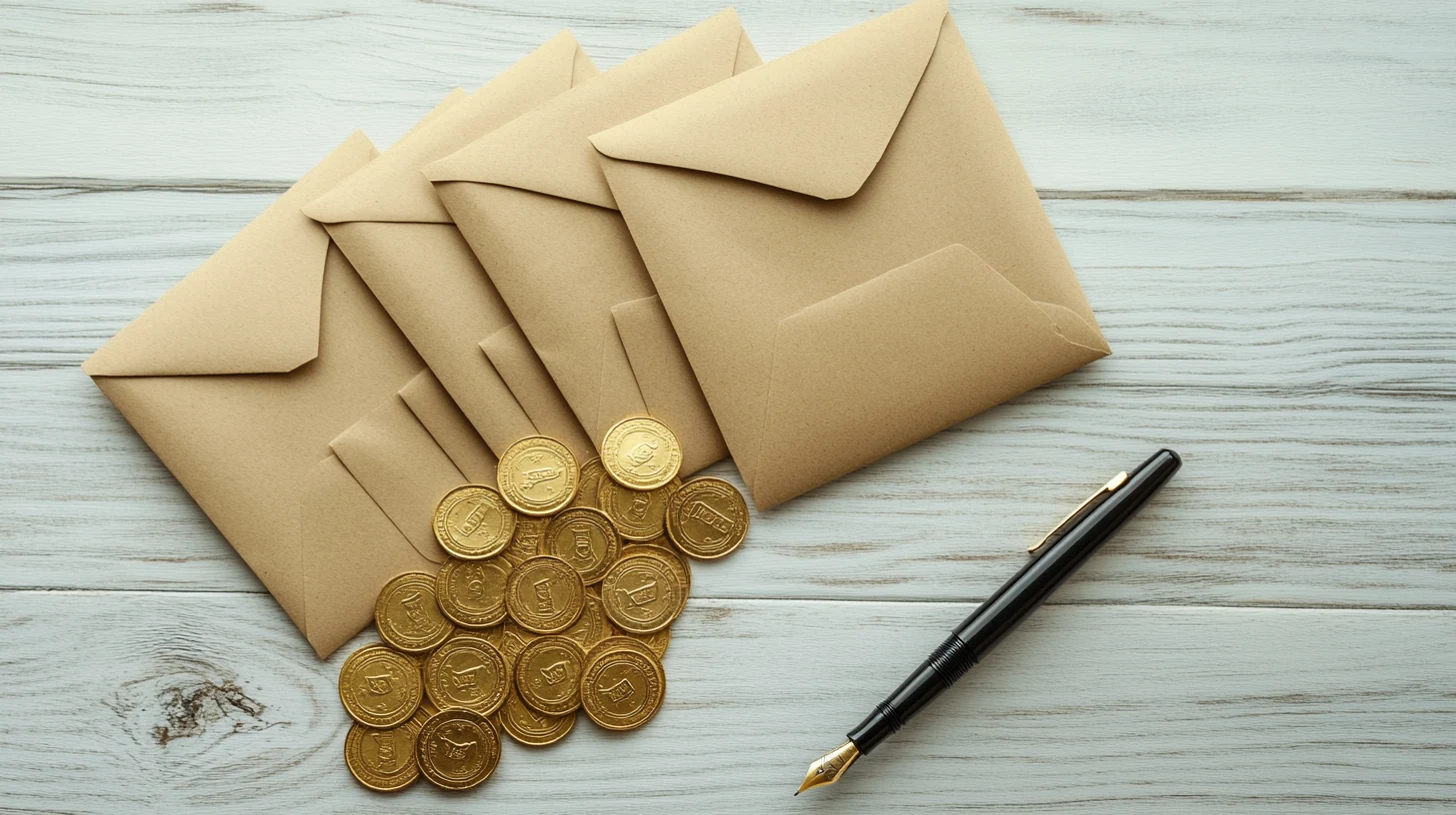 Vista cenital de sobres de papel kraft con monedas desparramándose sobre madera de roble clara