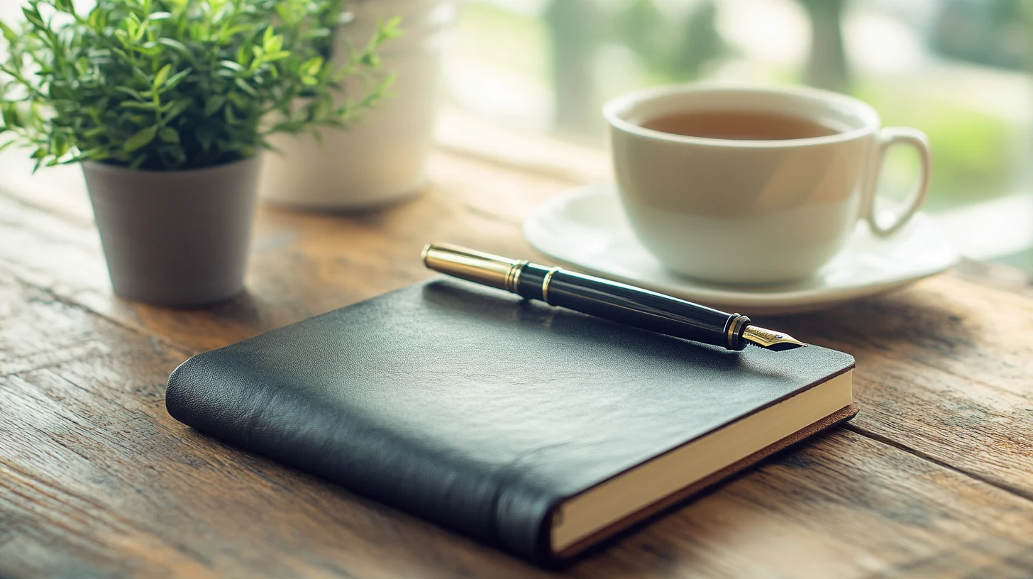 Cuaderno de cuero cerrado sobre un escritorio con pluma estilográfica, té y planta