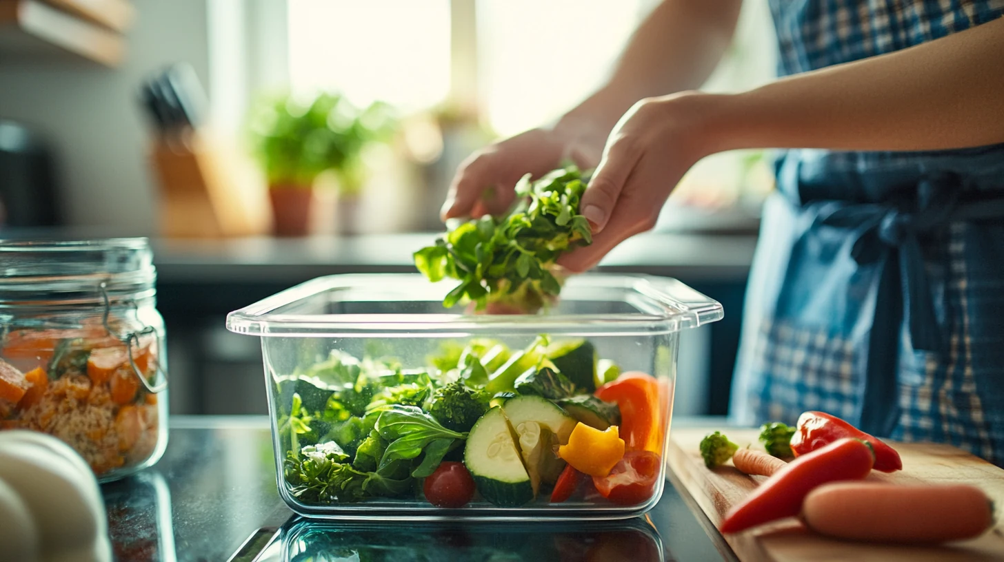 Una mano colocando vegetales en un recipiente de vidrio para preparar comidas