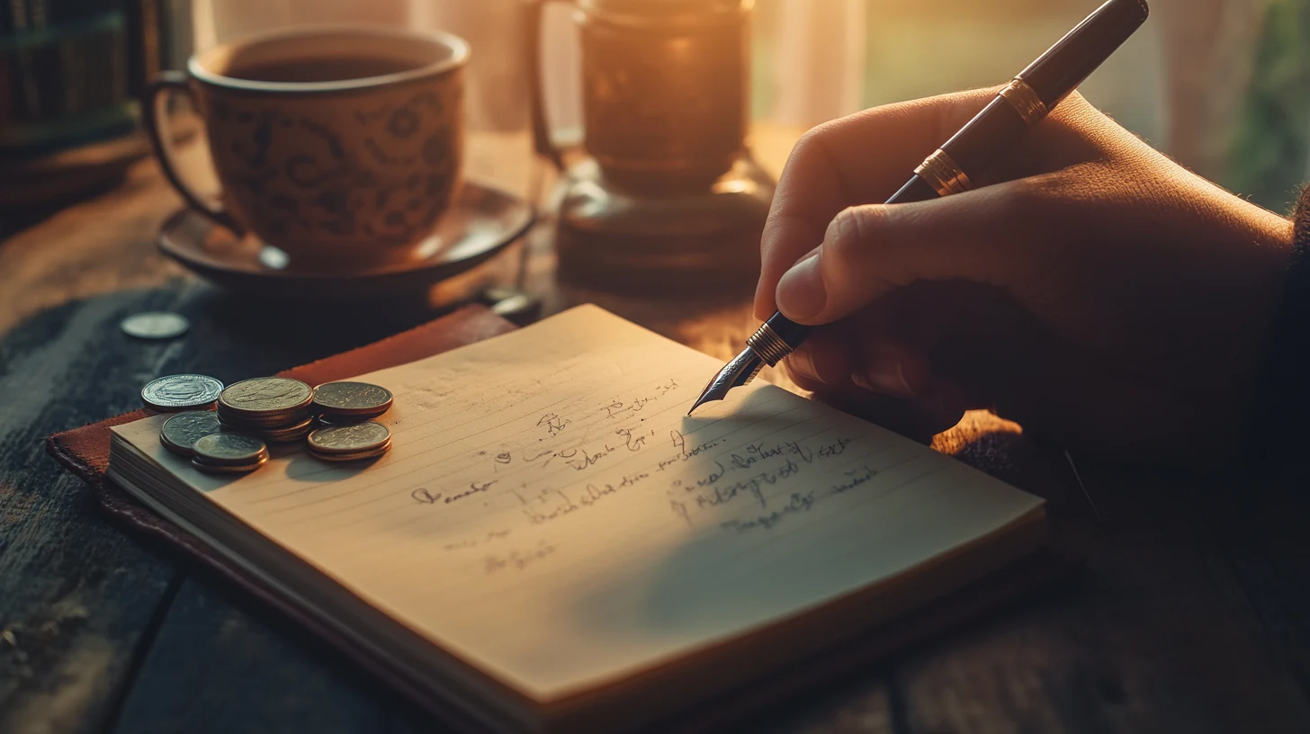 Mano escribiendo con pluma estilográfica junto a una taza de té y monedas