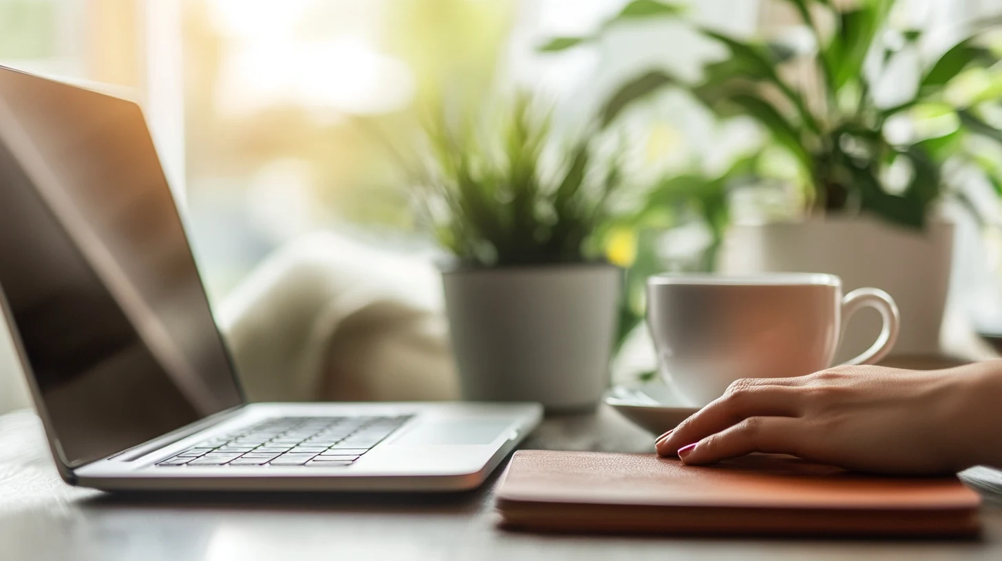 Escritorio acogedor en casa con laptop cerrada, té, planta y cuaderno