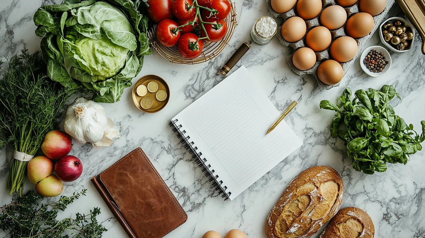 Vista cenital de planificación semanal de comidas con víveres, cuaderno y planta de hierbas