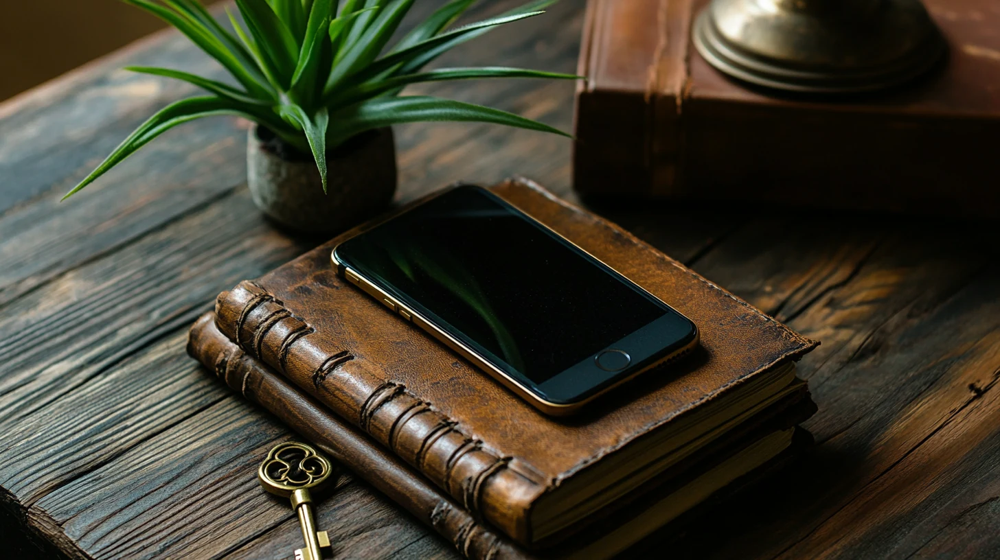 Smartphone reposando sobre diarios de cuero con una llave de latón al lado