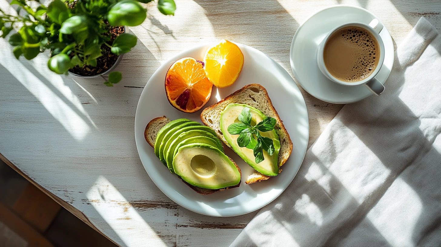 Vista cenital de desayuno brillante con tostada de aguacate, café, fruta y hierbas