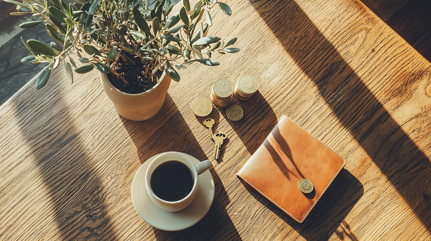 Vista aérea de una mesa de comedor con café, olivo y una alcancía