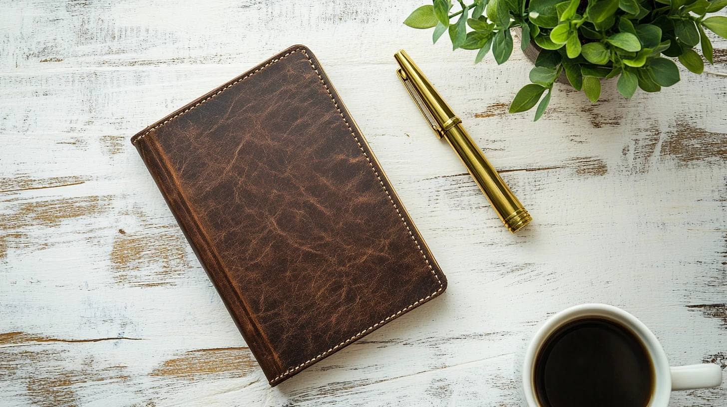 Vista cenital de un cuaderno cerrado, planta en maceta, portalápices y taza de café