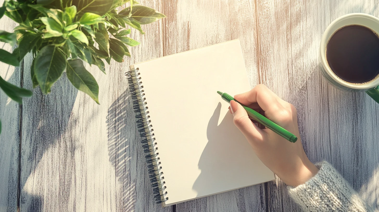 Mano con un marcador verde sobre un cuaderno en blanco bajo luz matinal brillante