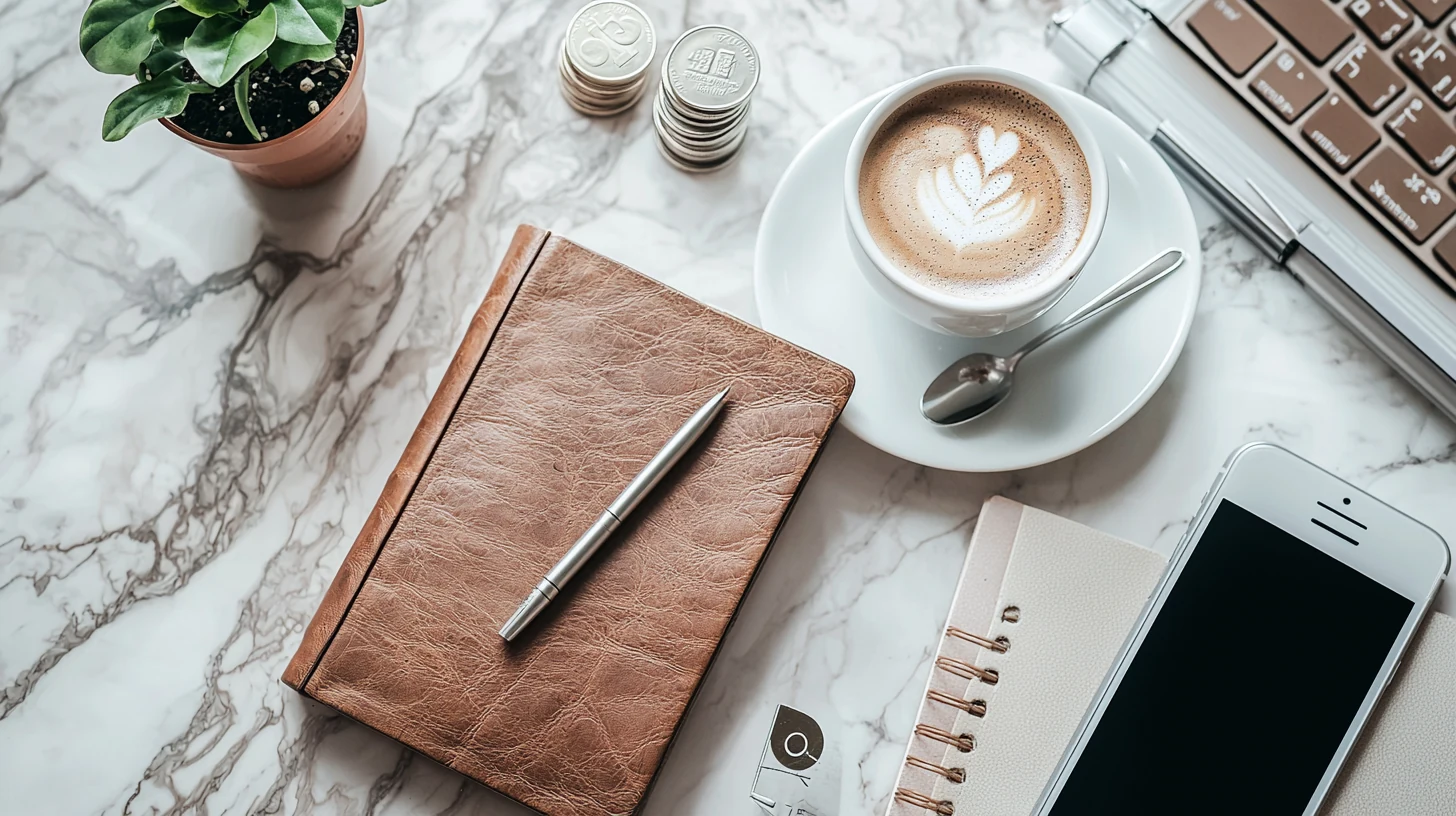 Vista cenital de un cuaderno cerrado, café, planta y monedas de oro sobre madera clara