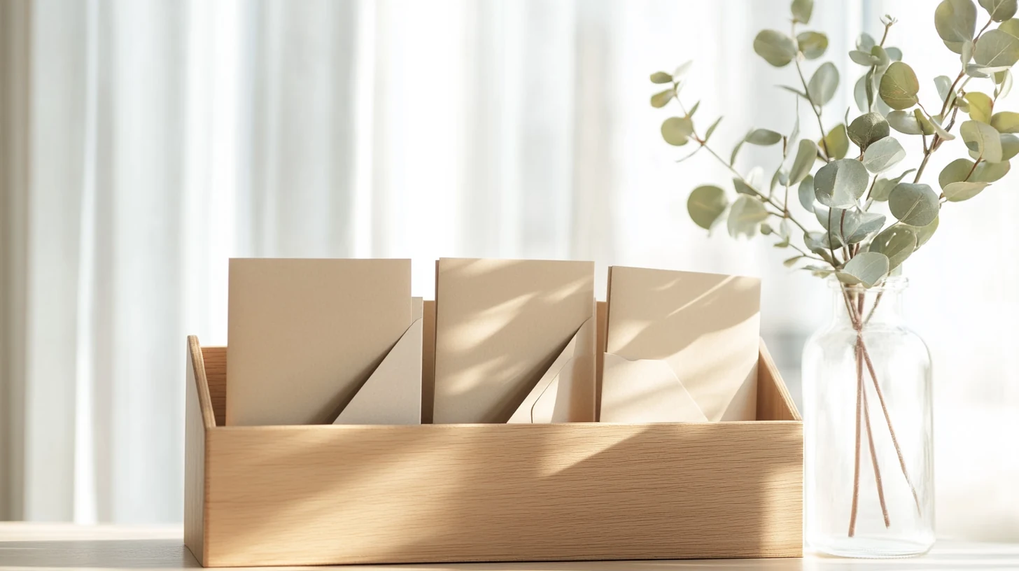 Sobres de papel kraft de pie en un organizador de madera con una rama de eucalipto